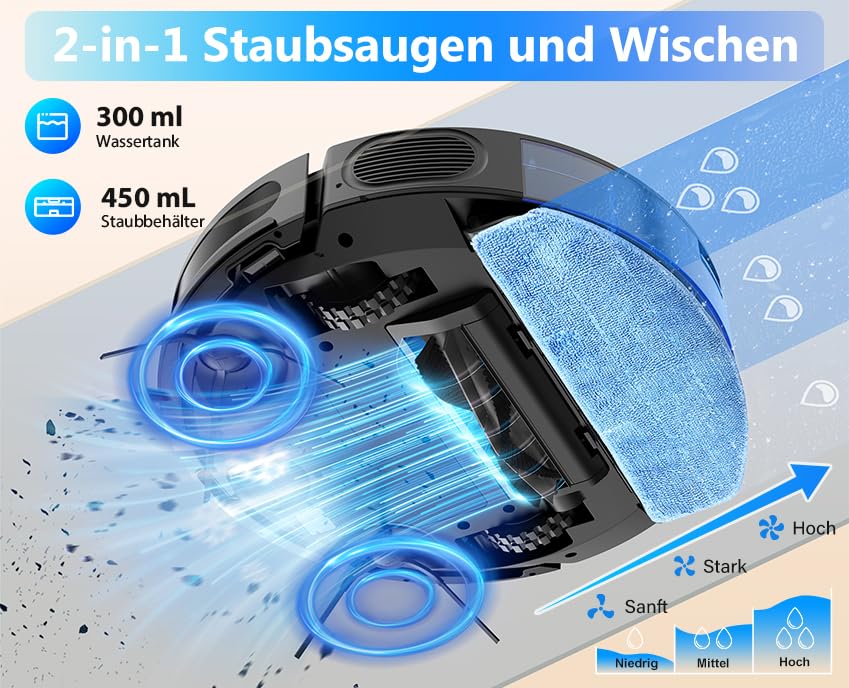 Tikom Saugroboter mit Wischfunktion 2 in 1, G8000 Max Staubsauger Roboter, 5000Pa Starke Saugkraft Roboterstaubsauger, Selbstaufladend, WLAN, 150Mins Max, Ideal für Tierhaare, Teppich, Hartboden – Bild 4