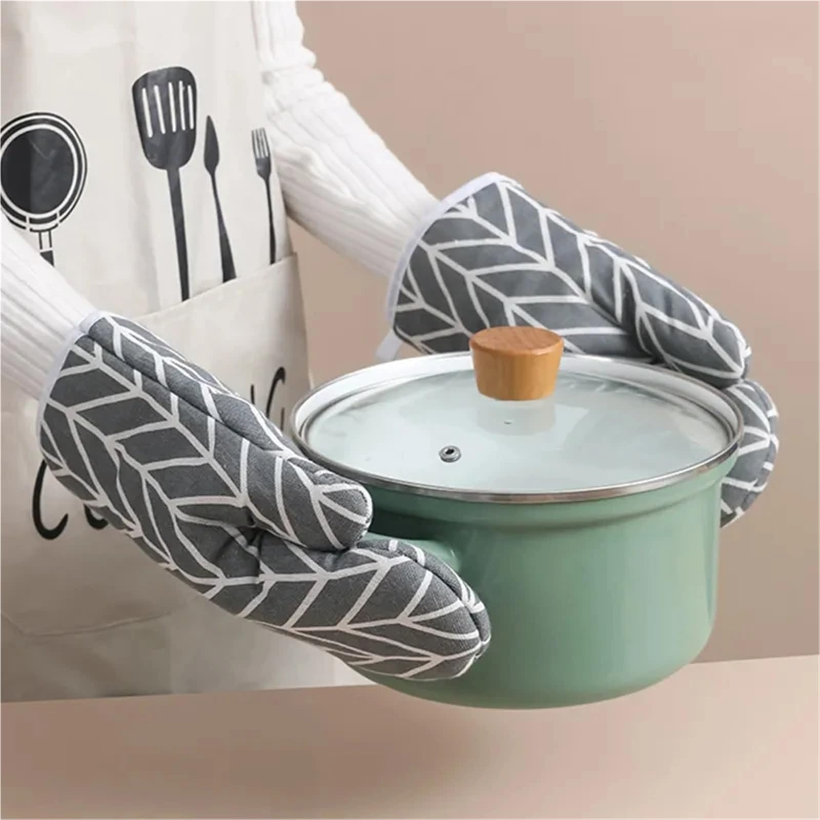 1 para izolowanych, odpornych na ciepło rękawic kuchennych i piekarnikowych do mikrofalówki, grillowania, gotowania pieczenia(Black and White)