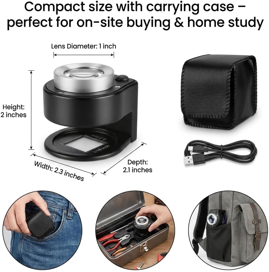 30X Loupe Magnifier, Rechargeable Jewelers Loupe with Lights, Portable Jewelers Magnifying Glass for Coins, Jewelry, Stamps Jewelers Tool