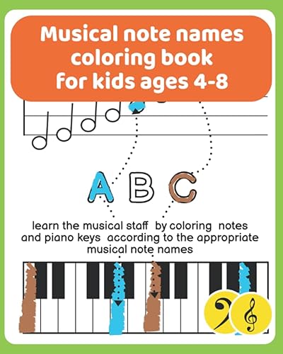 musical note names coloring book for kids ages 4-8: learn the musical staff by coloring notes and piano keys according to the appropriate musical note names