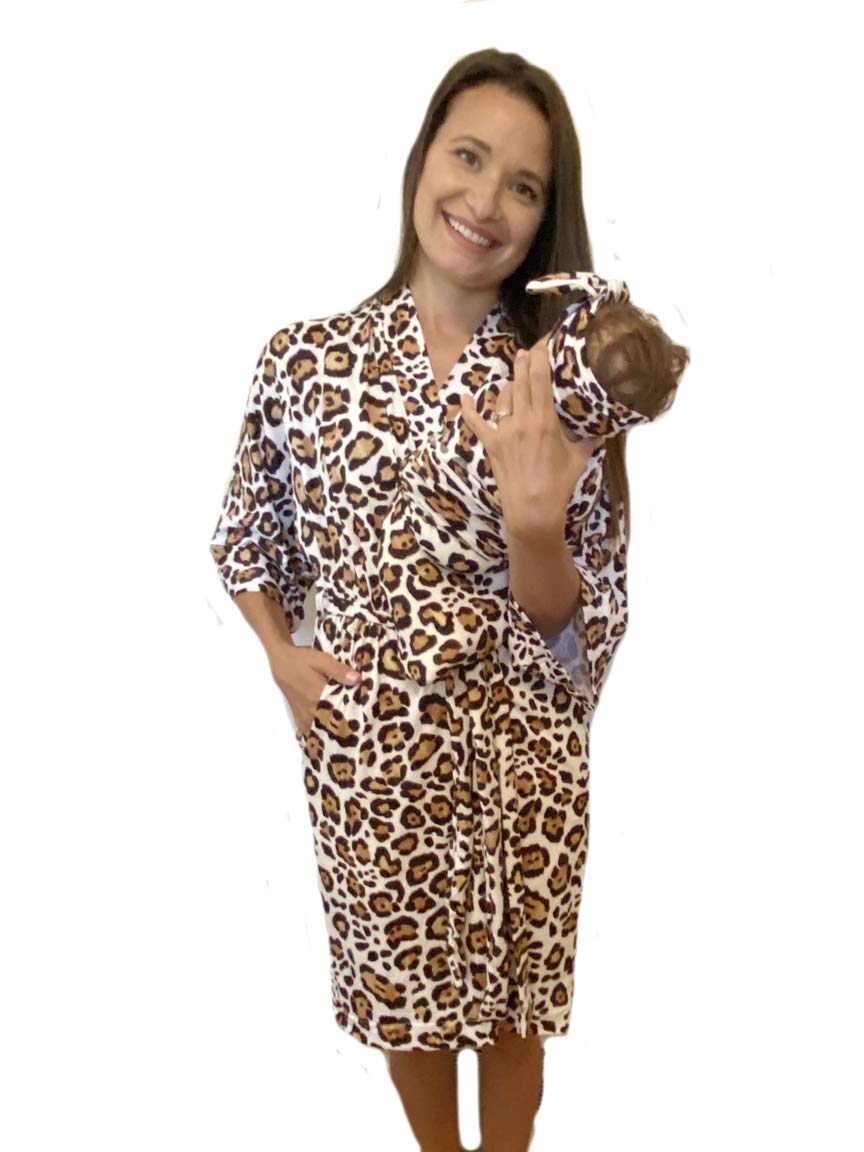 Maternity Labor Delivery Matching Robe and Swaddle Blanket and Hat or Headband Set, Hospital Bag Must Have (Leopard, XL/XXL (16-20))