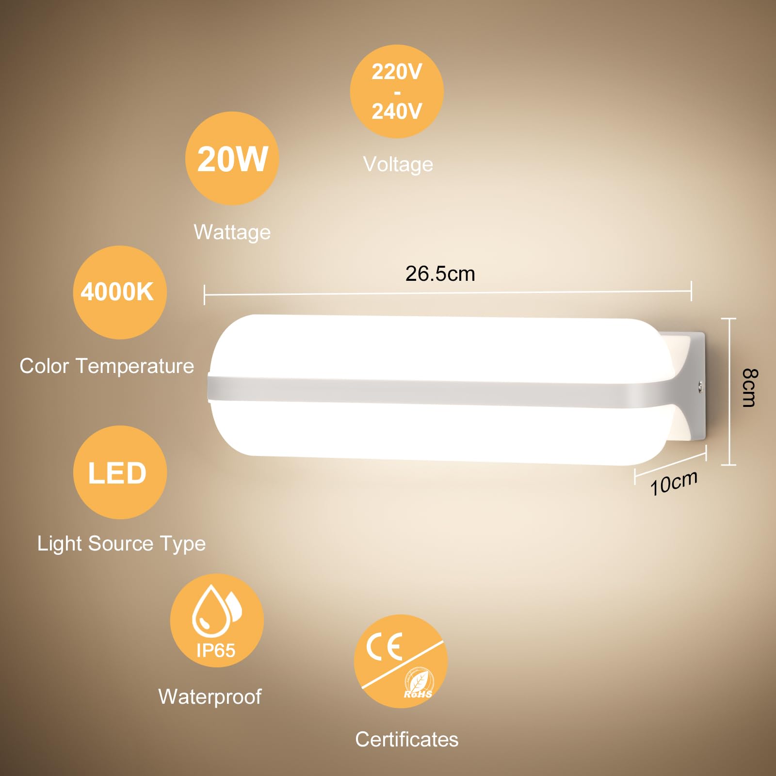 Letlit 20W LED Wall Light, White, 26.5*10*8cm - Image 2
