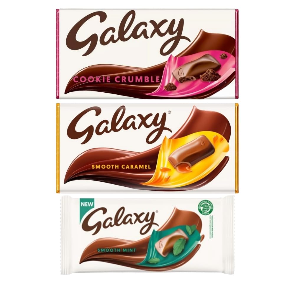 Galaxy Smooth Mint 110g, Cookie Crumble 114g, Caramel Chocolate Large Bar 135g Pack of 3
