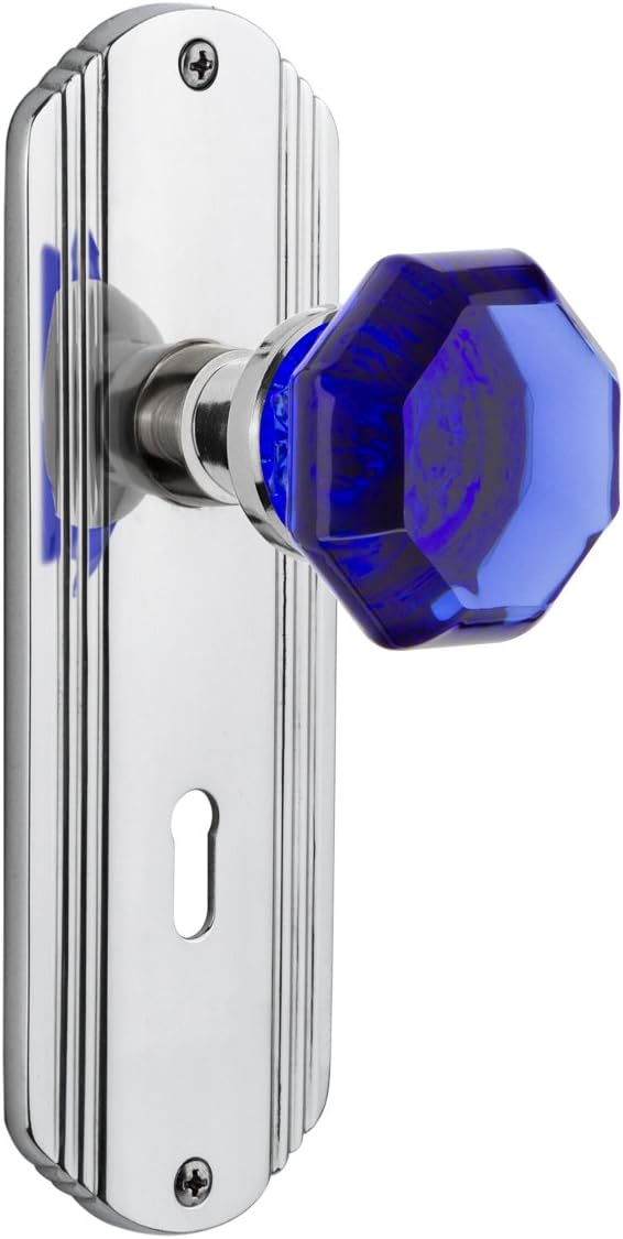 Nostalgic Warehouse 722776 Deco Plate with Keyhole Single Dummy Waldorf Cobalt Door Knob in Bright Chrome