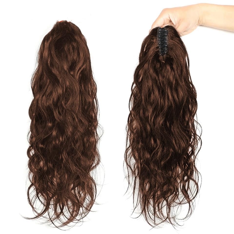 Gesundheit Haarteil for Pferdeschwanz aus Echthaar, gewellte Pferdeschwanzverlängerung aus Echthaar, 25,4–61 cm, gewellte Pferdeschwanzverlängerung mit Klauenclip, dunkelbraun, gelockt, gewellt, Klaue