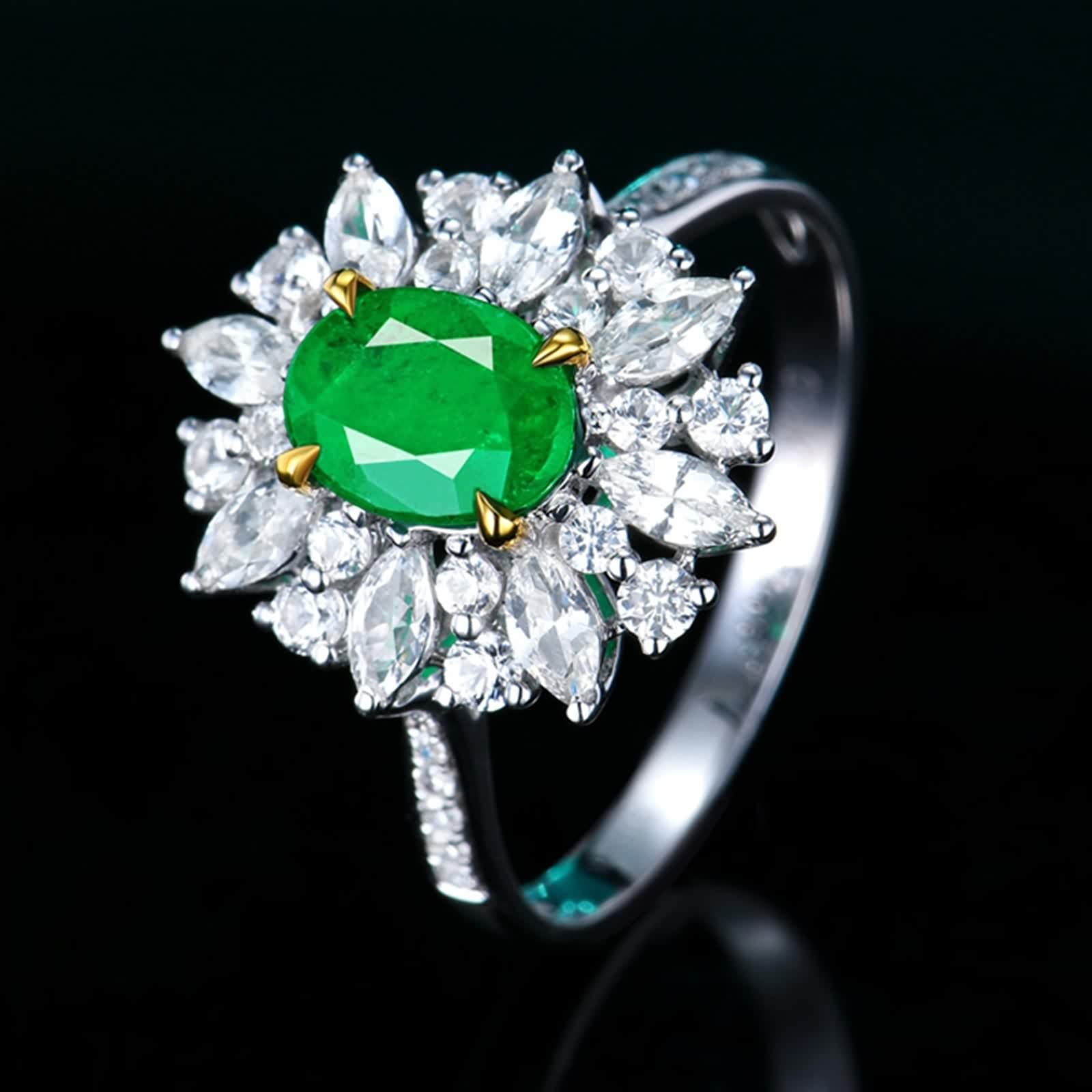Alianzas Boda Plata, Anillos Mujer Bisuteria Óvalo de 4 Garras con Incrustaciones de Forma de Flor Esmeralda Creada En Laboratorio