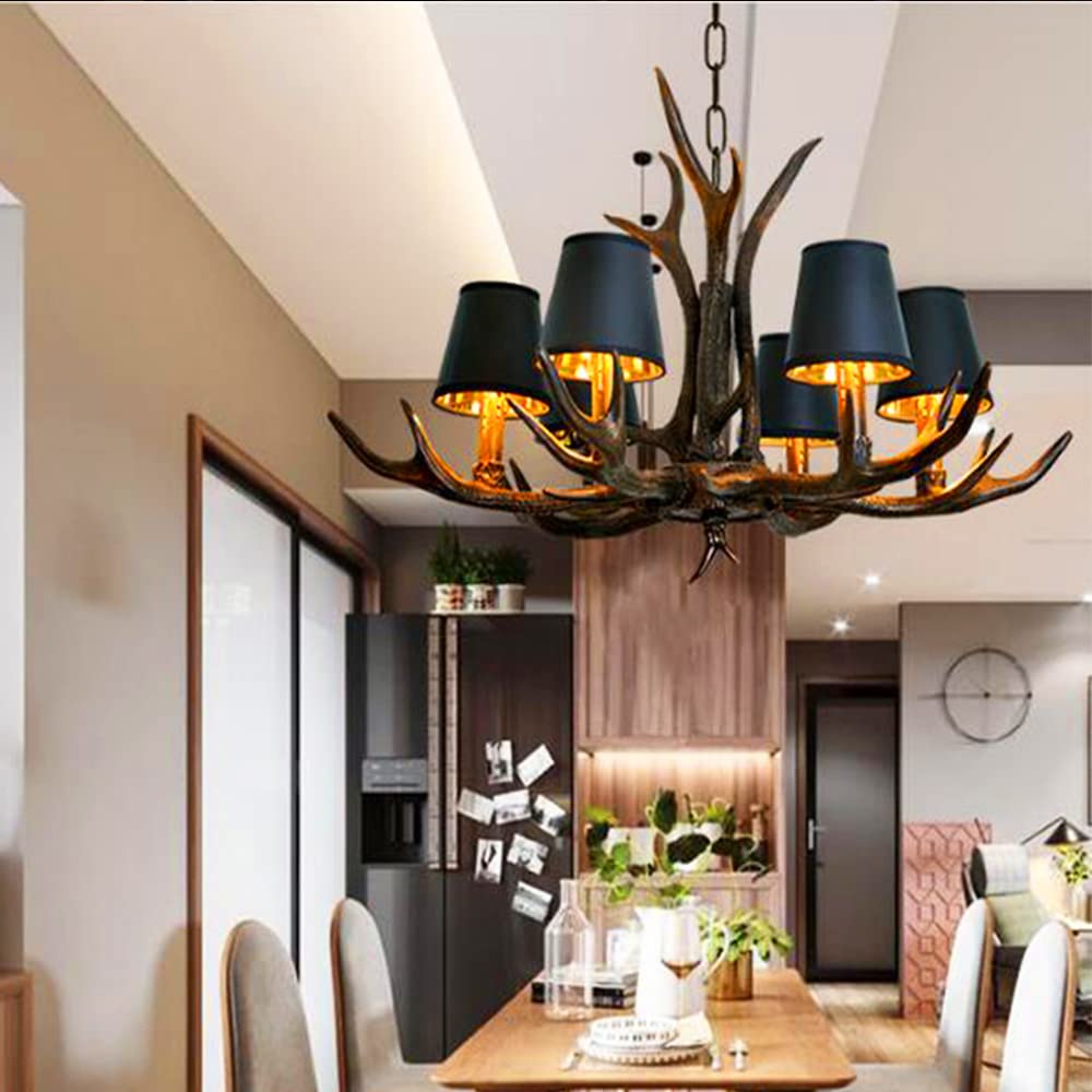 Geweih Kronleuchter Vintage Style Harz Hängeleuchte Kerze Pendellampe Esszimmer Lampe Antiken E14 Hängelampe Wohnzimmer Pendelleuchte Schlafzimmer Deckenlampe Bar Cafe Dekorative Beleuchtung, 6 Licht