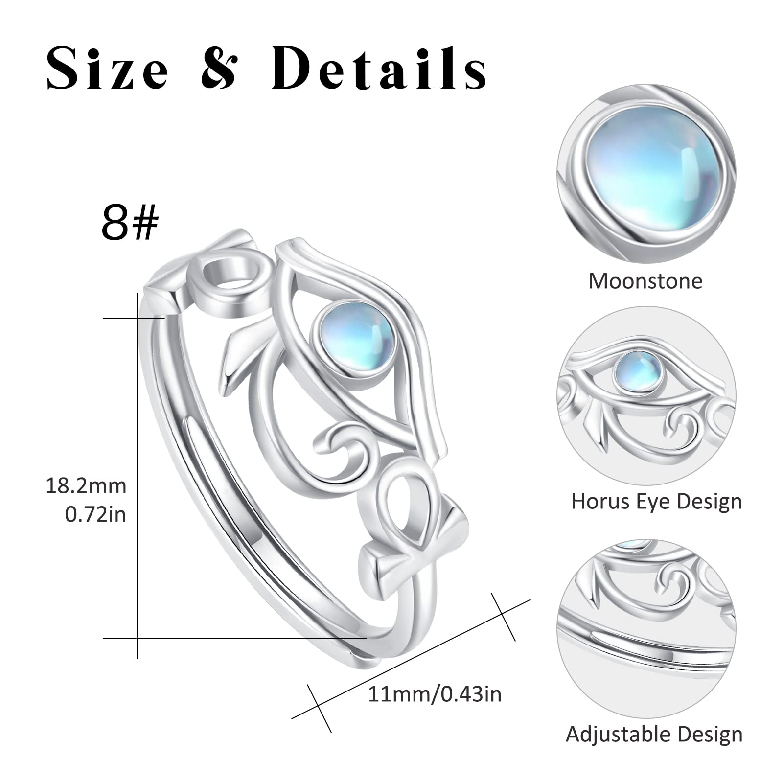 Anello Occhio Di Horus, in argento Sterling 925, con pietra di luna, turchese, anello regolabile con amuleto egiziano Ankh, gioiello per donne e ragazze