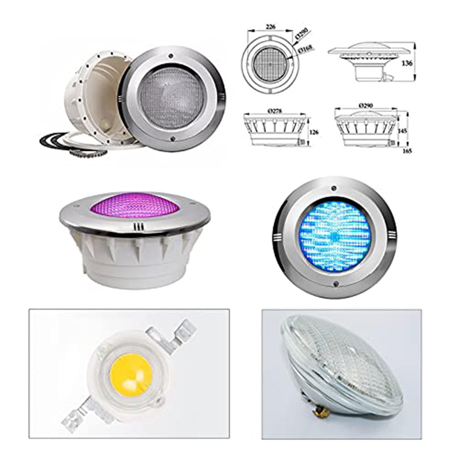 THEGA LED-Poolleuchten Mit Nische PAR56, Edelstahl, 12V AC, IP68, Einbau-Unterwasserleuchte Für Schwimmbäder, Wasserdicht(RGB+remote control,6W-12V)