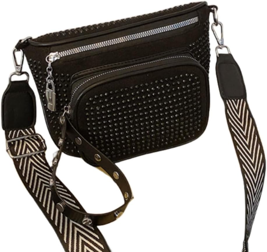 IAMUHI Women Vegan Leather Cross Chest Bag Rivets Fringed Shoulder Handbag Purse Waist Bag