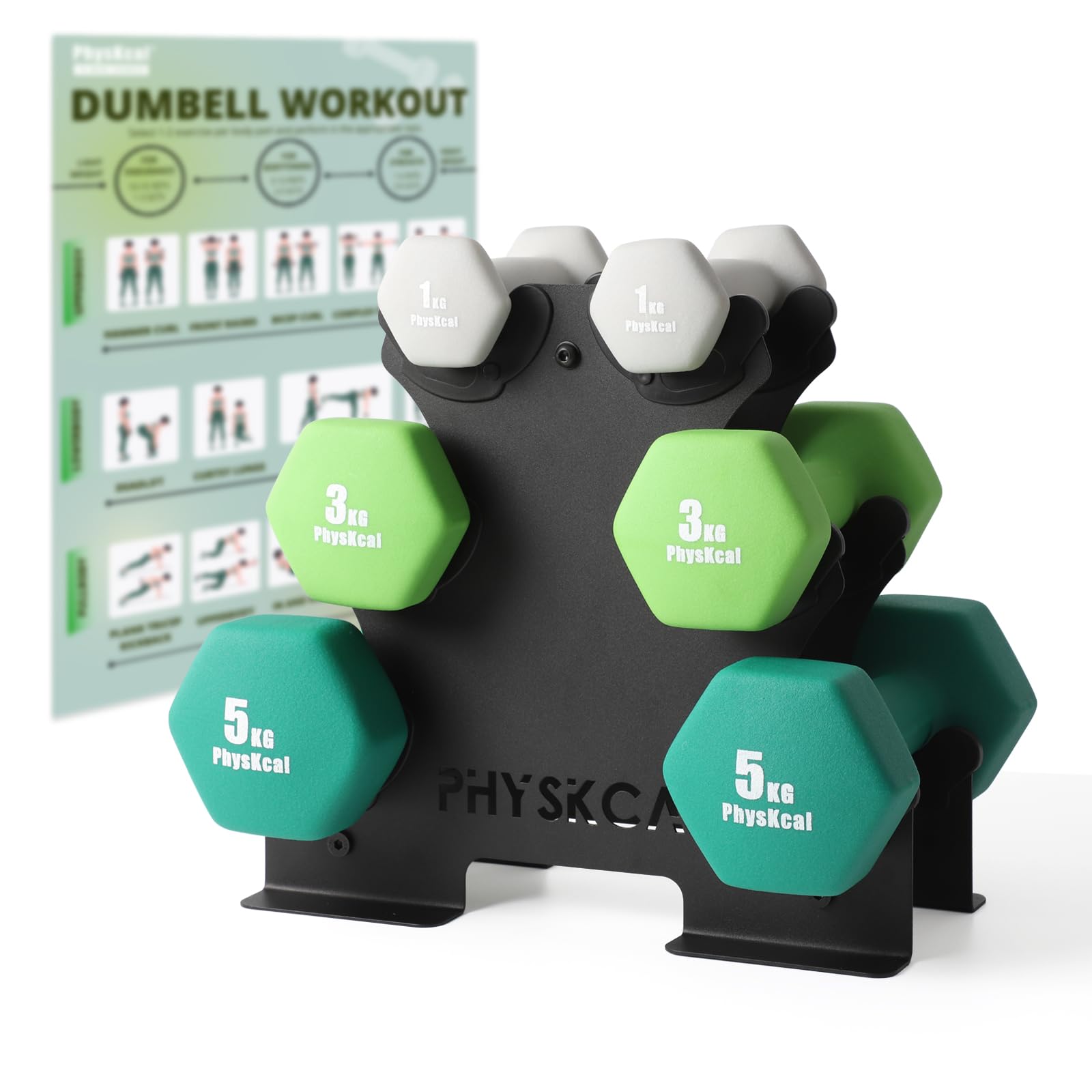 PhysKcal Neopren Kurzhantel Set, Hantelnset mit Robustem Stahl Ständer | Ideal für das Krafttraining zu Hause, unverzichtbar für Anfänger im Kraftsport, geeignet für Bodenübungen