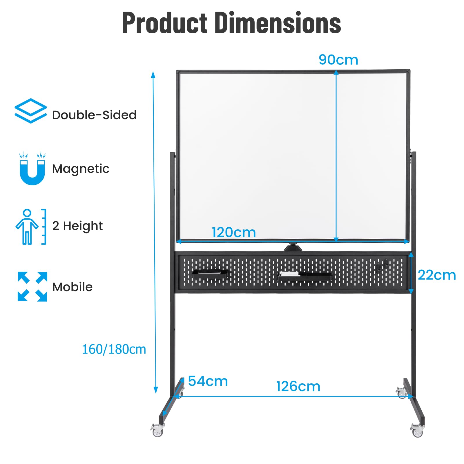 CASART Lavagna bianca mobile bifacciale, 120 x 90 cm, grande lavagna cancellabile a secco, con supporto, gomma, magneti e lavagna forata, regolabile in altezza, per ufficio e aula (nero)