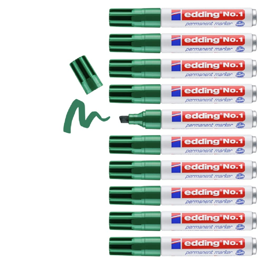 edding No. 1 permanent marker - green - box of 10 - chisel nib 1-5 mm - waterproof, smudge-proof, quick-drying - multi-use marker, pocket-sized - for cardboard, plastic, wood, metal, glass