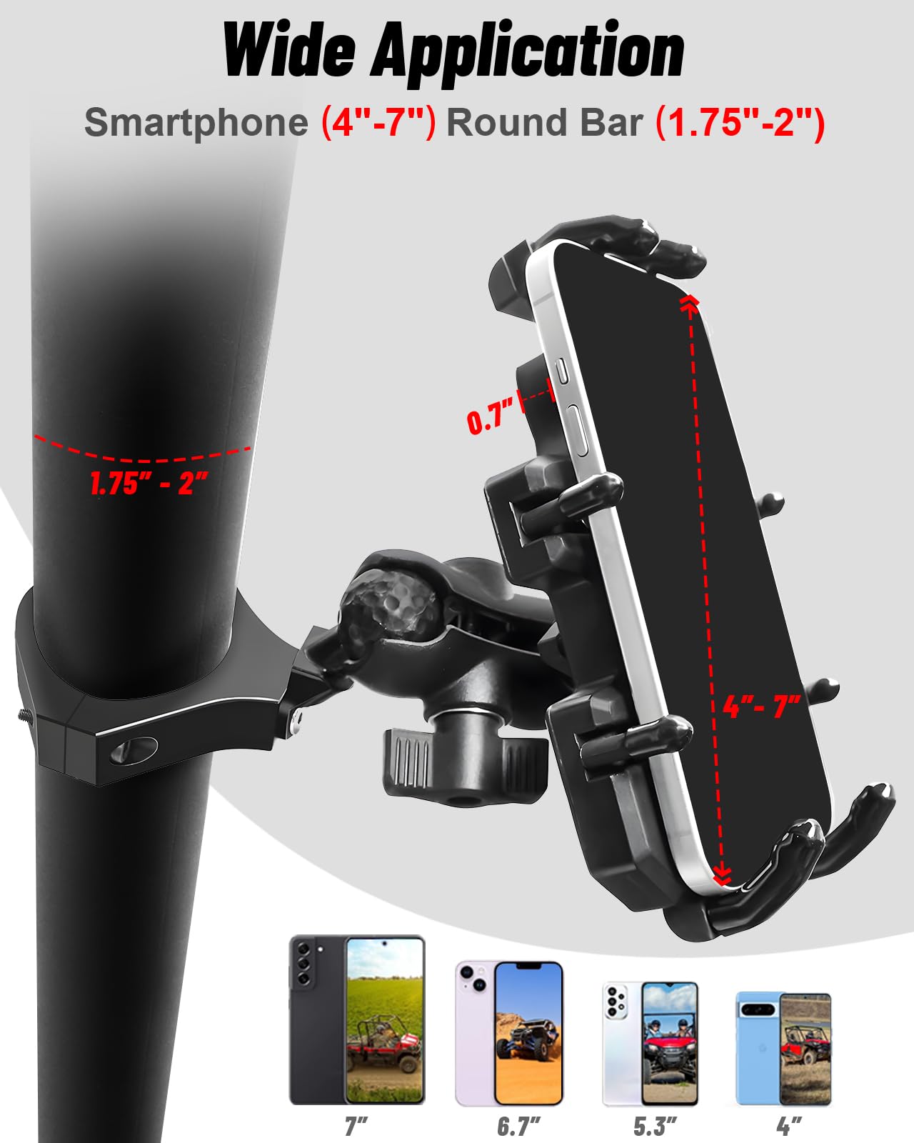 Soporte para teléfono UTV – Soporte de teléfono resistente ajustable de 360°, 8 garras para tubo redondo de 1.75 a 2 pulgadas, compatible con RZR Maverick X3 Ranger Pioneer Talon Teryx