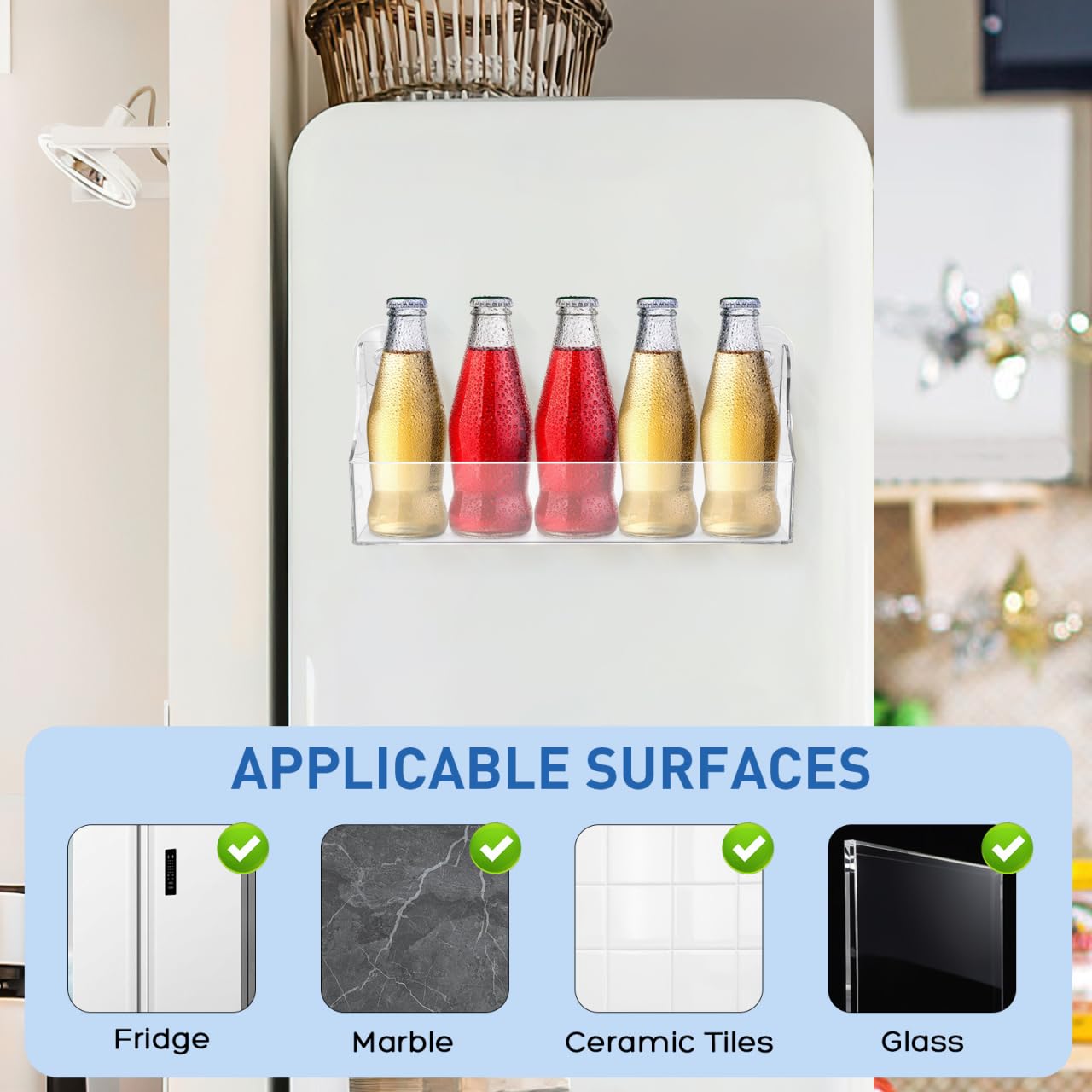 Organizador de estante para refrigerador con ventosa, estante de almacenamiento de acrílico transparente para refrigerador para refrigerador para contener especias, tarro de aceite de oliva 7