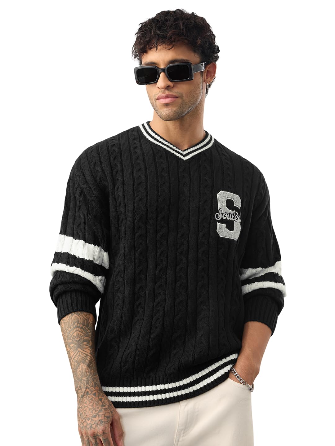 the souled store Cable Knit: Varsity Black Men and Boys Long Sleeves V-Neck Knitted Acrylic Lightweight Chenille Patch Oversized Fit Pullover Sweater-picture-35