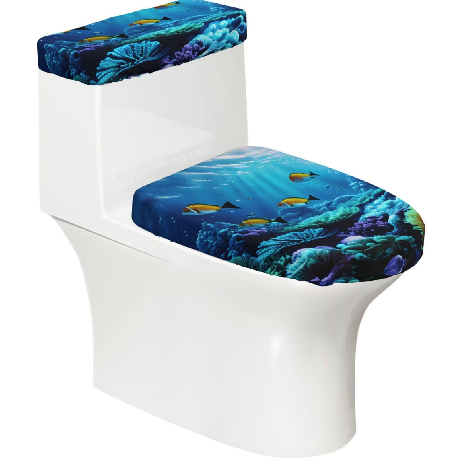 Tranquil Underwater Scenery Printed Toilet Tank and Lid Cover Set of 2 for Most Bathrooms, Fits Elongated Round Toilets