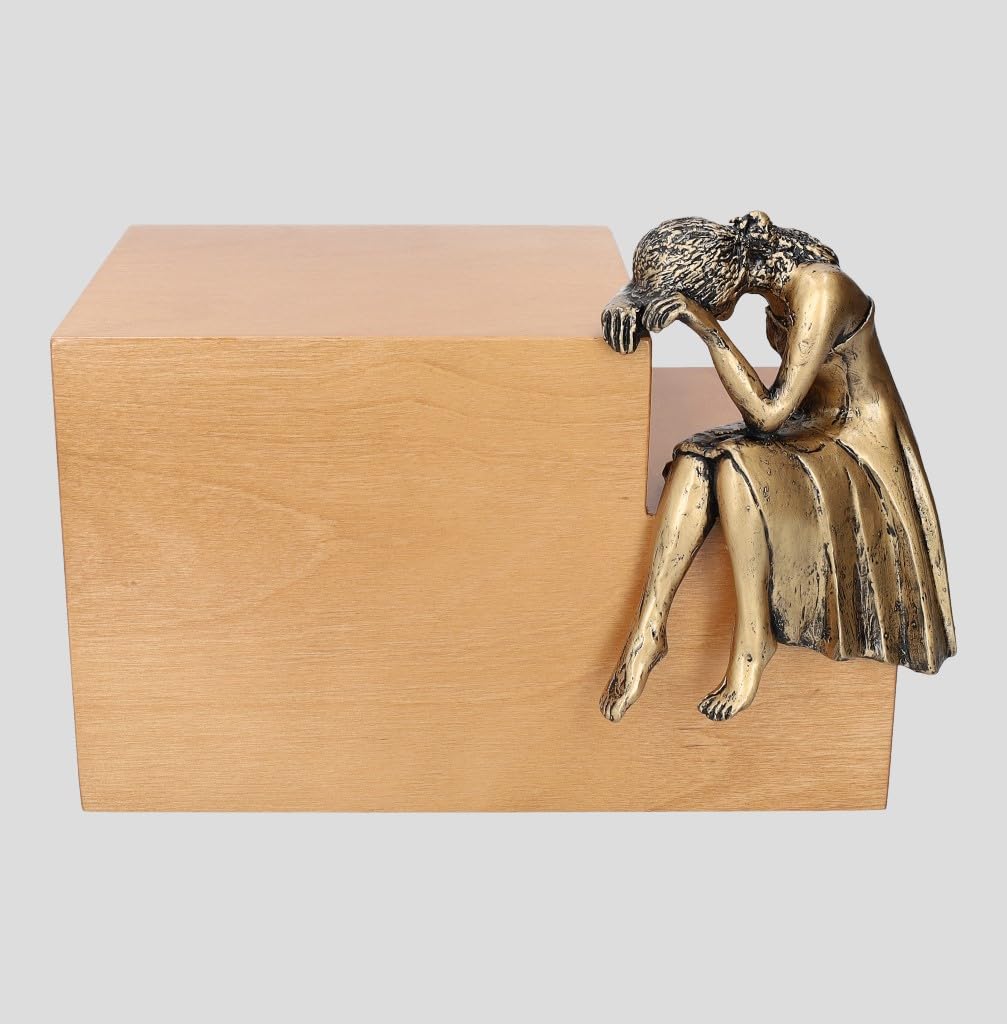 Modern ashes casket Unique Memorial Cremation Urn Artistic Sculpture urn GRIEF (Bronze Plated/Light Walnut)
