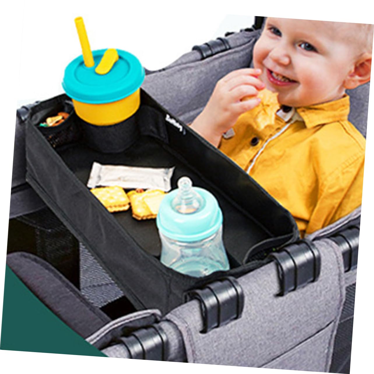 ORFOFE Kinderwagen Tablett mit Universellem Snack und Getränkehalter Abnehmbares Zubehör für Kinderwagen Organizer mit Clip Funktion Schwarz