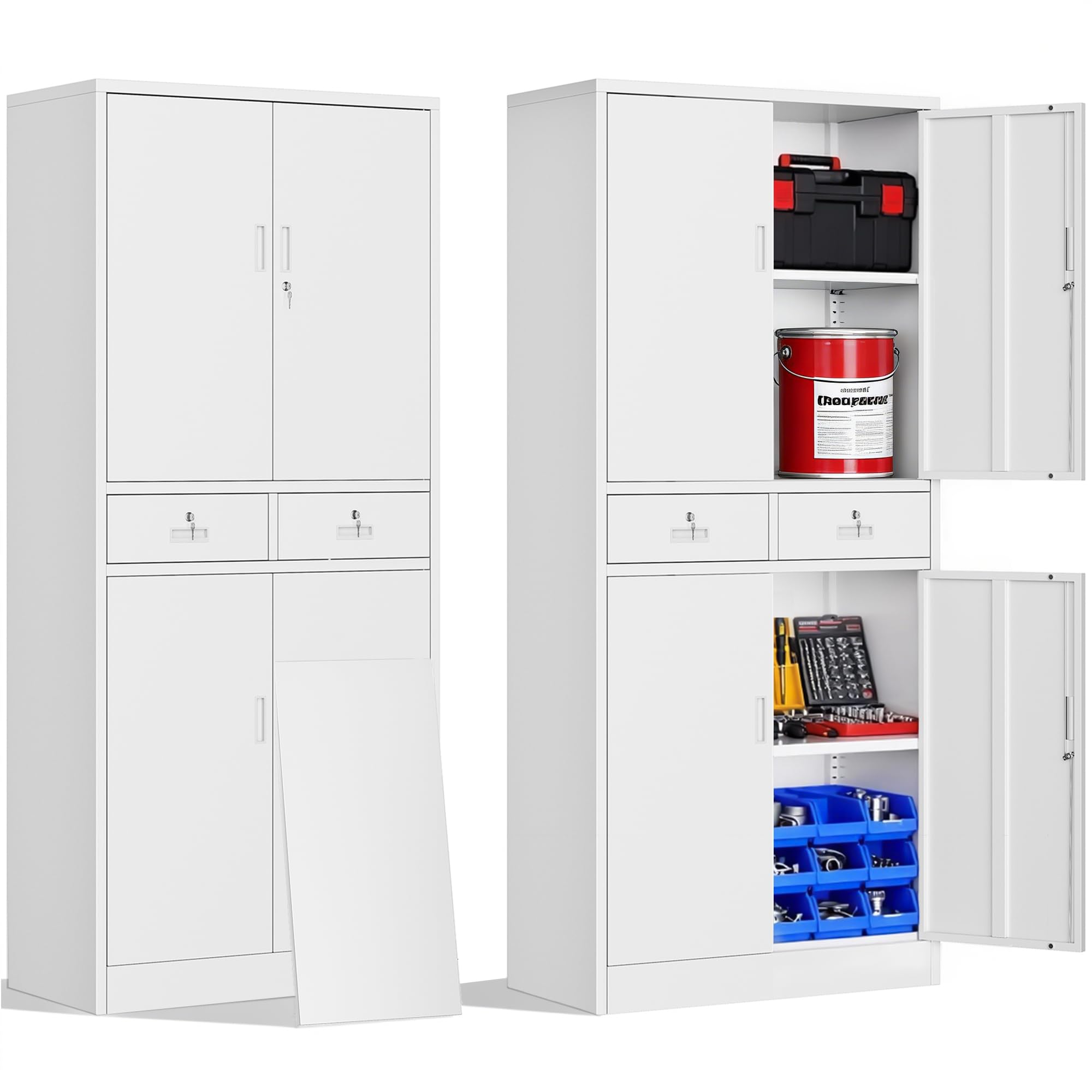 Metal Storage Cabinet, 180cm Tall Locking Storage Cabinet with Doors, Steel Storage Cabinet with 2 Drawers and Adjustable Shelf for Garage, Home, Office, Warehouse, Assembly Required(White,180*80*40)
