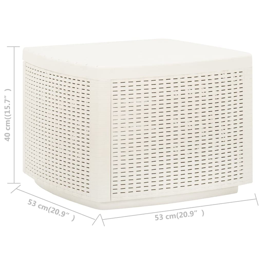 Tavolino da caffè in plastica, bianco, 53 x 53 x 40 cm, per esterni, con effetto rattan, facile da pulire, per cibi e bevande