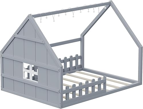 Miniatura 7 de Cama de casa tamaño matrimonial, cama de piso de madera para niños, cama Montessori con barandillas y listones para niños y niñas, altura baja al