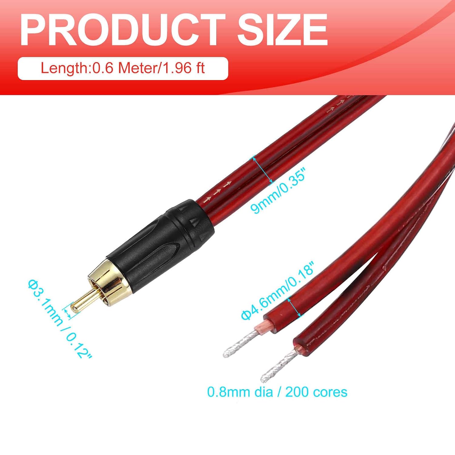 MECCANIXITY 2 Pcs RCA to Bare Wire Open End Audio Cable, 1.96ft (0.6 Meter) 14AWG Gold Plated Audio Cable, RCA Extension Wire for Guitar, Speakers