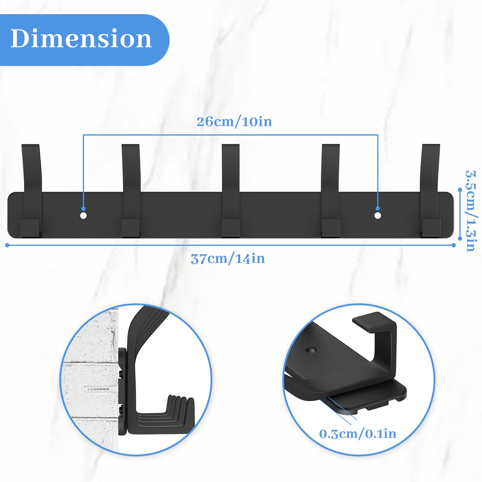 Percheros Pared, Perchero De Pared Con 5 Ganchos Adecuado Para Cocina, Dormitorio, Baño, Obsidiana Negra