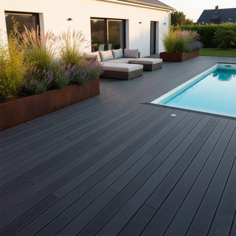 Lame terrasse bois composite plein Maxima L 360 cm Gris anthracite, ep.22mm, l.14 cm, L.360 cm