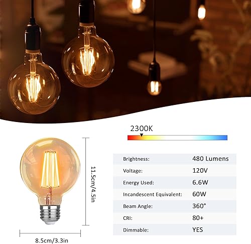 Miniatura 9 de Bombillas Edison A19 vintage regulables, bombillas de filamento LED Edison Classic con base E26, 8 W equivalentes a 70 W, 800 lúmenes, bombillas de