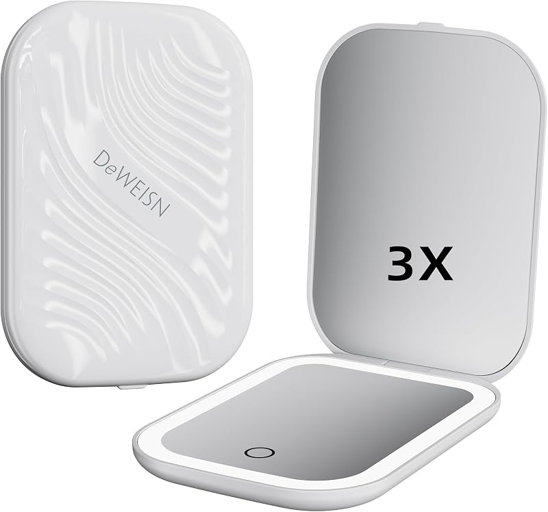 Espelho compacto LED de maquiagem deweisn com ampliação 1X/3X, 2 lados, 3 cores de luz ajustáveis, dobrável, branco