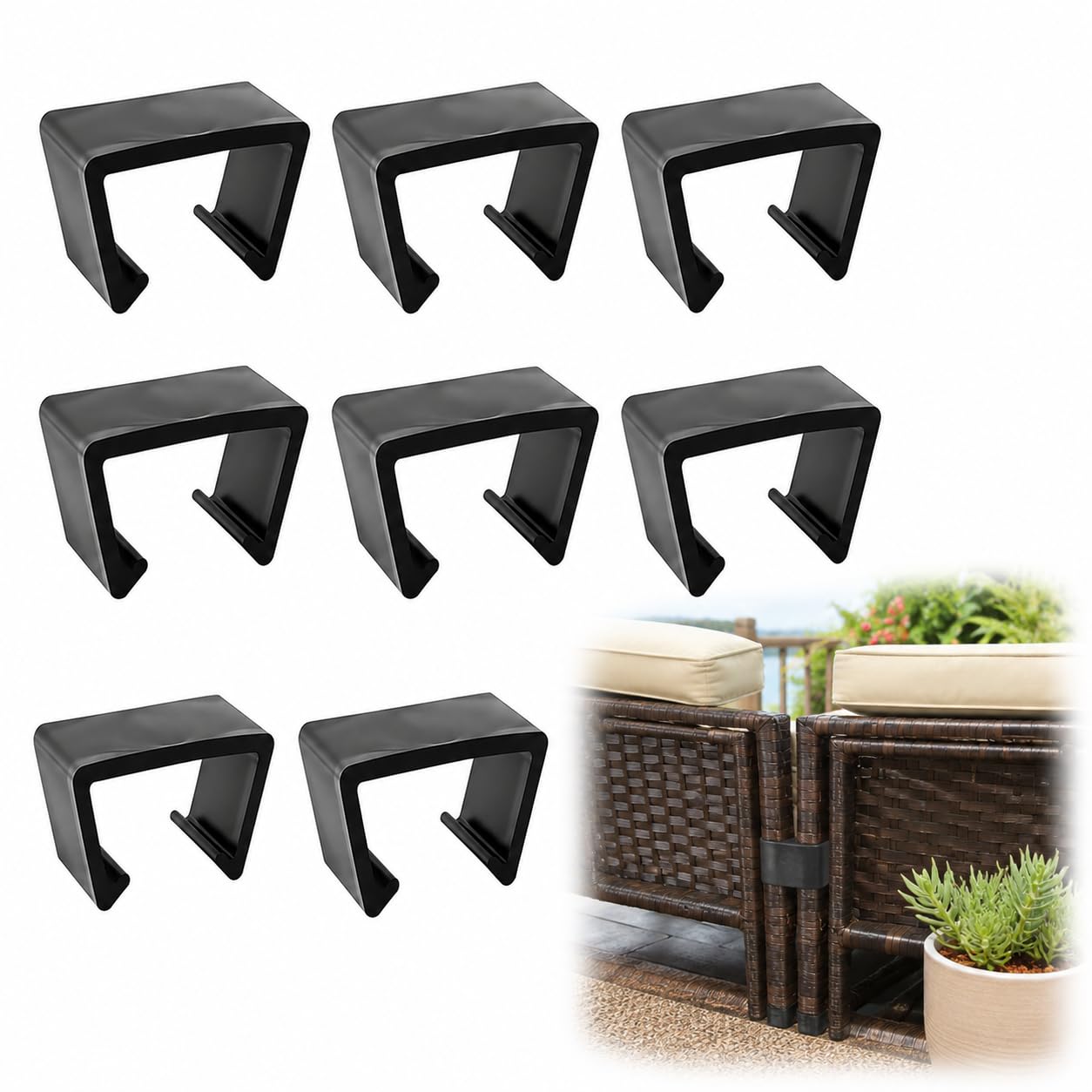 SouStar Patio Furniture Clips Black 8 Pcs, 5.3 cm Heavy Duty Rattan Furniture Connectors, Outdoor Wicker Sofa Fasteners for 2.5-4.4 cm Garden Chair Sectional Couch Alignment