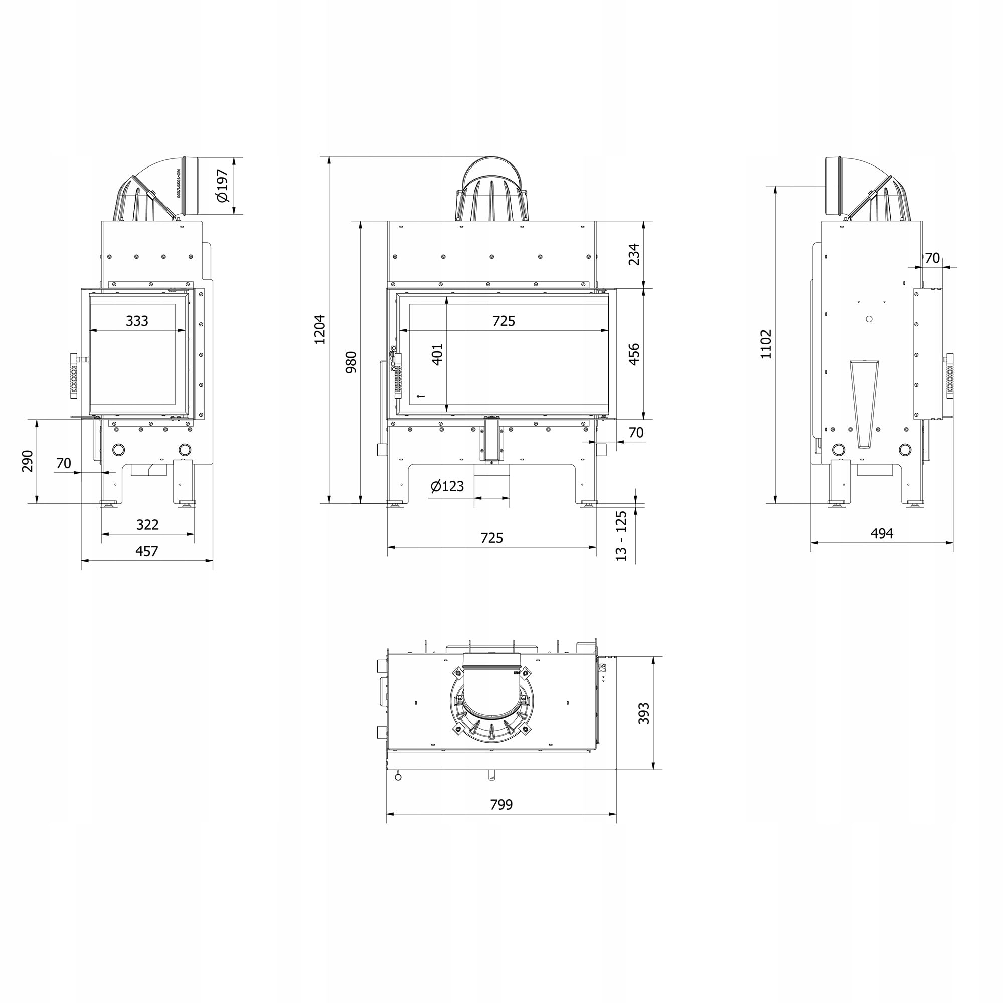 KRATKI Kamin aus Stahl 10 kw Floki M Rechts fi 200 Schwerz Set Kamineinsatz BImSchV Stufe 2 Eckrohrsatz