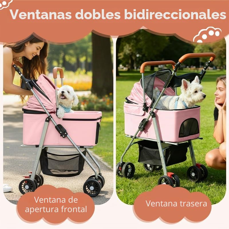 Simcat Cochecito para mascotas para perros pequeños, gatos, cochecito plegable para perros medianos con ruedas de goma resistentes al desgaste de 360° (rosa)