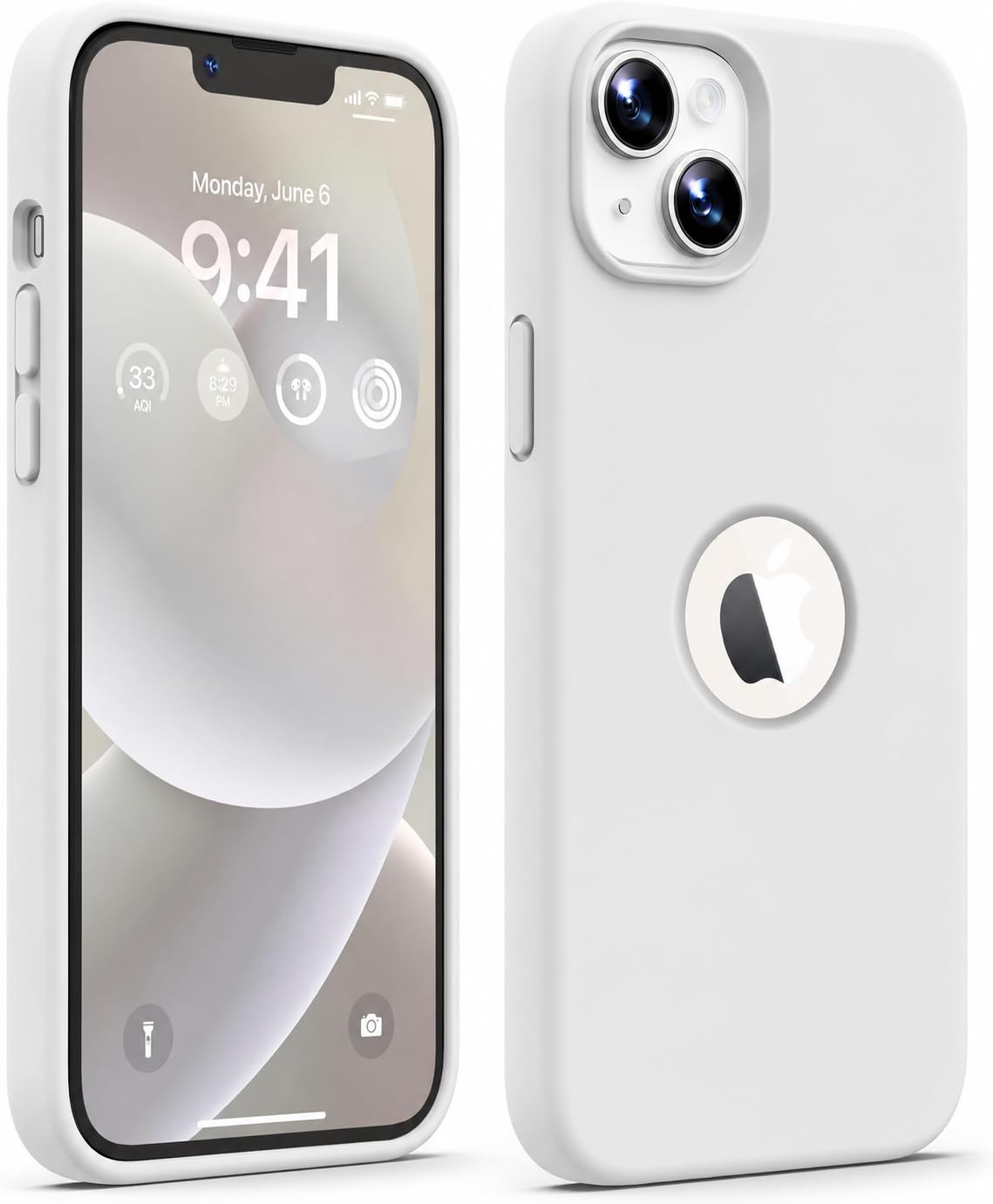 Elzzi Microfiber Logo Cut Cover Compatible for iPhone 13 Case Cushion Liquid Soft Silicone Gel Rubber Phone Cases Non-Slip Full Body Protective Shockproof Back Cover 6.1 inch, White
