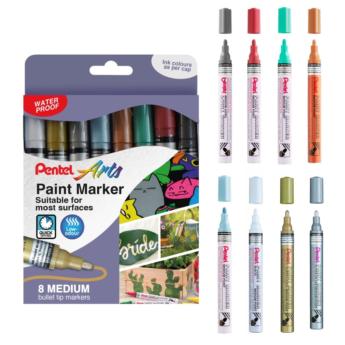 Pentel MMP10 Paint Markers, Medium 4.5mm Bullet Tip, Metallic Colours (8 Marker Pens)