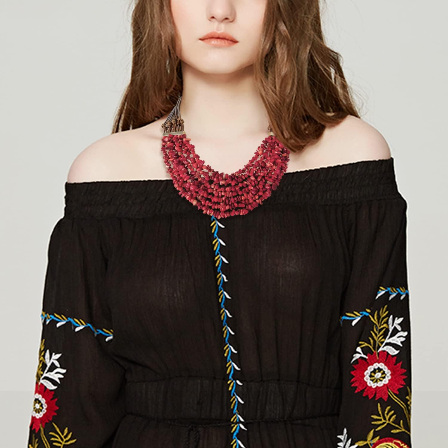 Western Bohemian Multilayer Chip Stone Beads Necklace with Wax Rope for Women - 18.9 Inch - Image 2