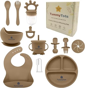 12Pcs Brown Baby Weaning Set - Feeding Set w/Baby Bowls for Weaning, Baby Plates with Suction, Baby Cutlery, Baby Spoons & Fork, Toddler Plates, Weaning Bib, Sippy Cup | Baby Gifts