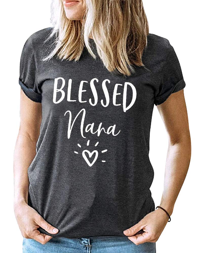 Blessed Nana Shirts for Women Grandma Heart Graphic Letter Print Tees Short Sleeve Casual T-Shirt Tops