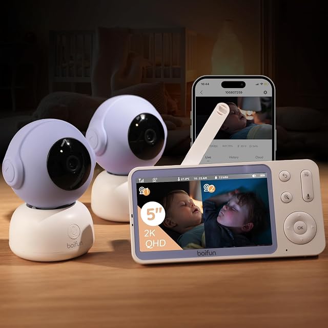 BOIFUN 2K Baby Monitor avec 2 Appareils photo, Smartphone App, Caméras Wi-Fi,5-inch Affichage, suivi des mouvements, connexion chiffrée, vision nocturne, longue portée 2-Way Parle, Capteur Temp