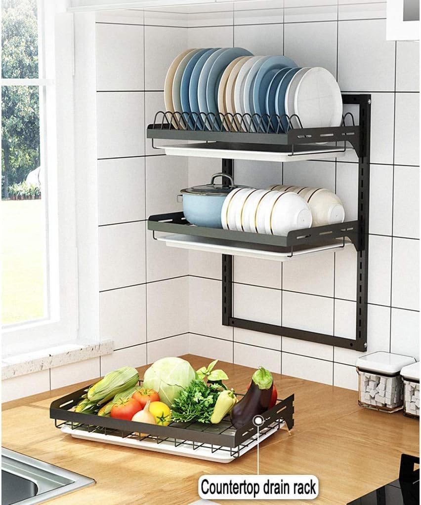 Escurridor de platos de acero inoxidable de 3 niveles, estante de almacenamiento de cocina, estante de drenaje montado en la pared para cubiertos, organización que ahorra espacio