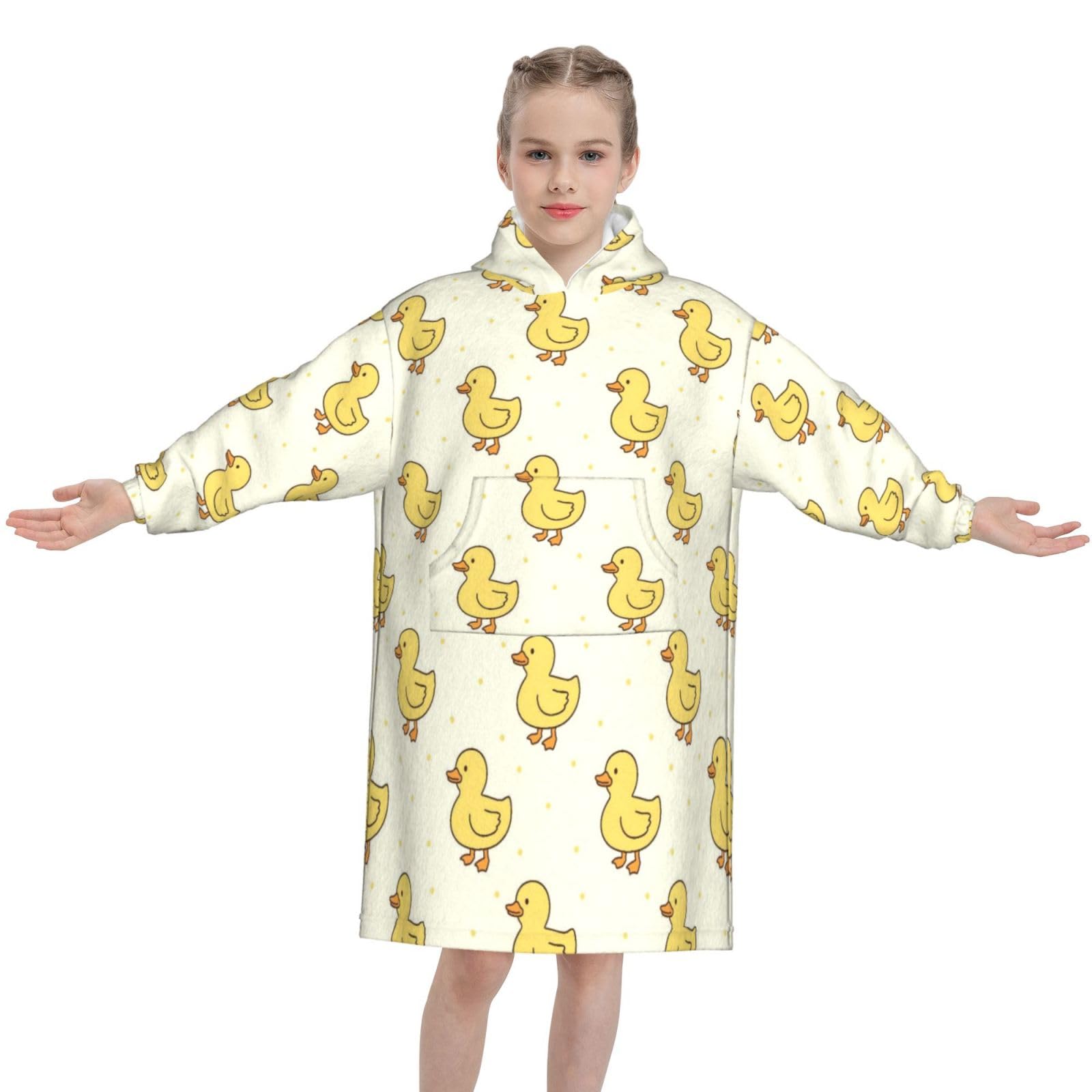 Cute Duck Wearable Blanket Hoodie for Kids, Oversized Flannel Fleece Sweatshirt, Cozy Blanket Hoodie with Pocket, Gift for Girls Boys Teens