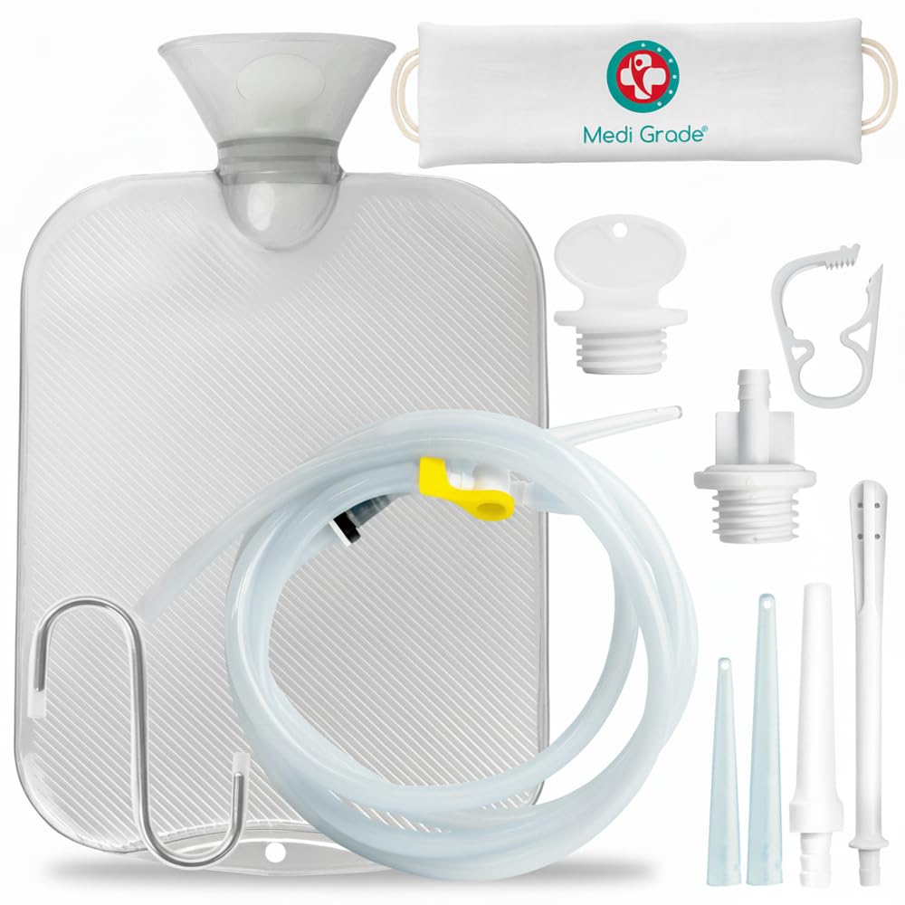 Medi Grade Enema Kit for Adults, 0.53 Gal Capacity - Transparent, Hands-Free with One-Way Valve, 4 Tips and Enema Bag - Enemas for Colon Cleanse for Women and Men - for Coffee Enema & Colon Cleansing