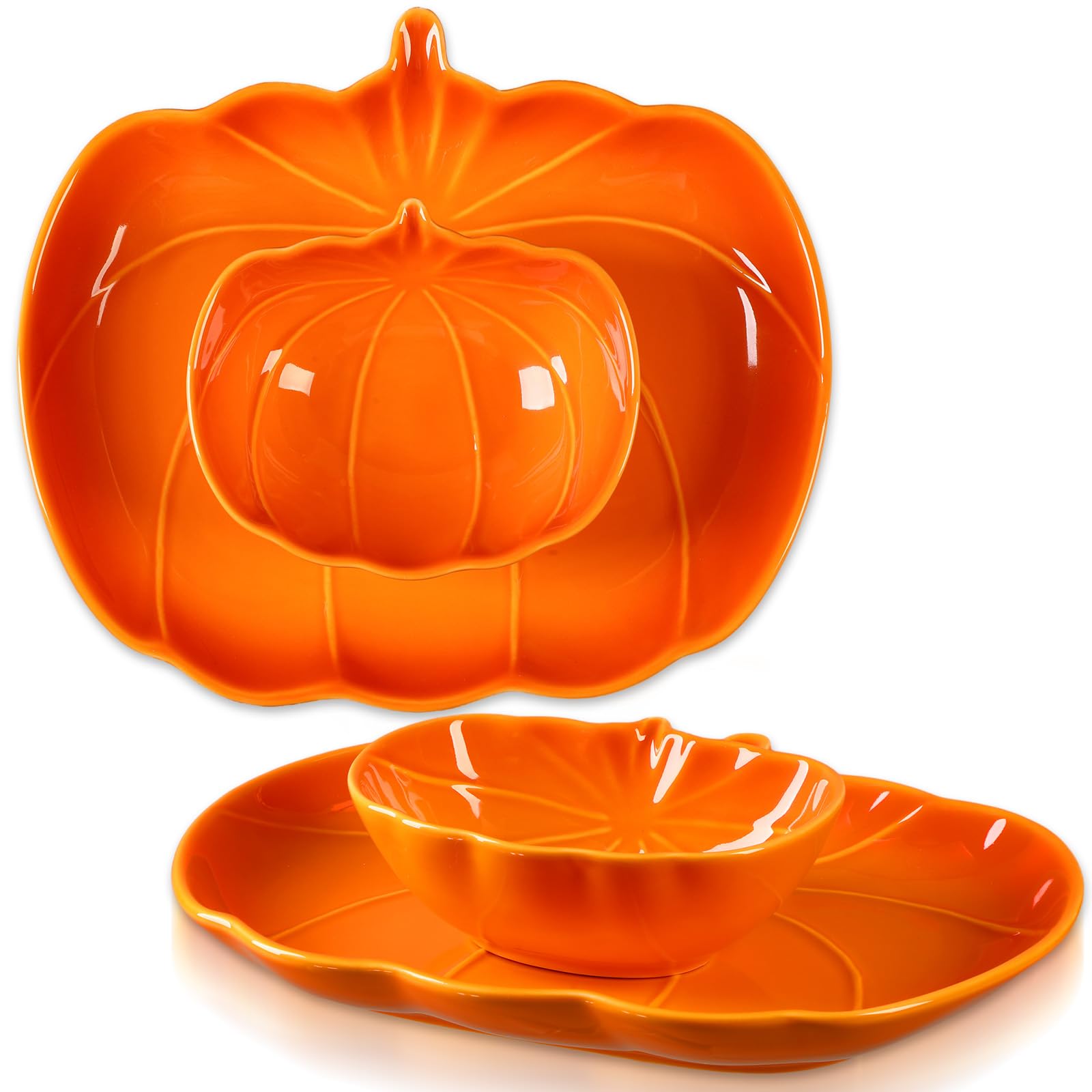 Tioncy Lot de 4 bols et assiettes en forme de citrouille en céramique pour apéritifs, desserts, collations, salade, cuisine, fête