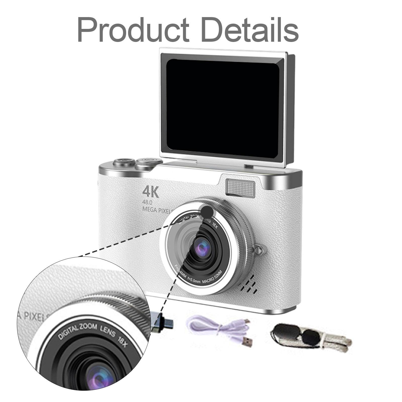 Appareil Photo Numérique 48 MP avec Numérique 8X pour étudiants et Débutants, Blanc, Idéal pour Thanksgiving.