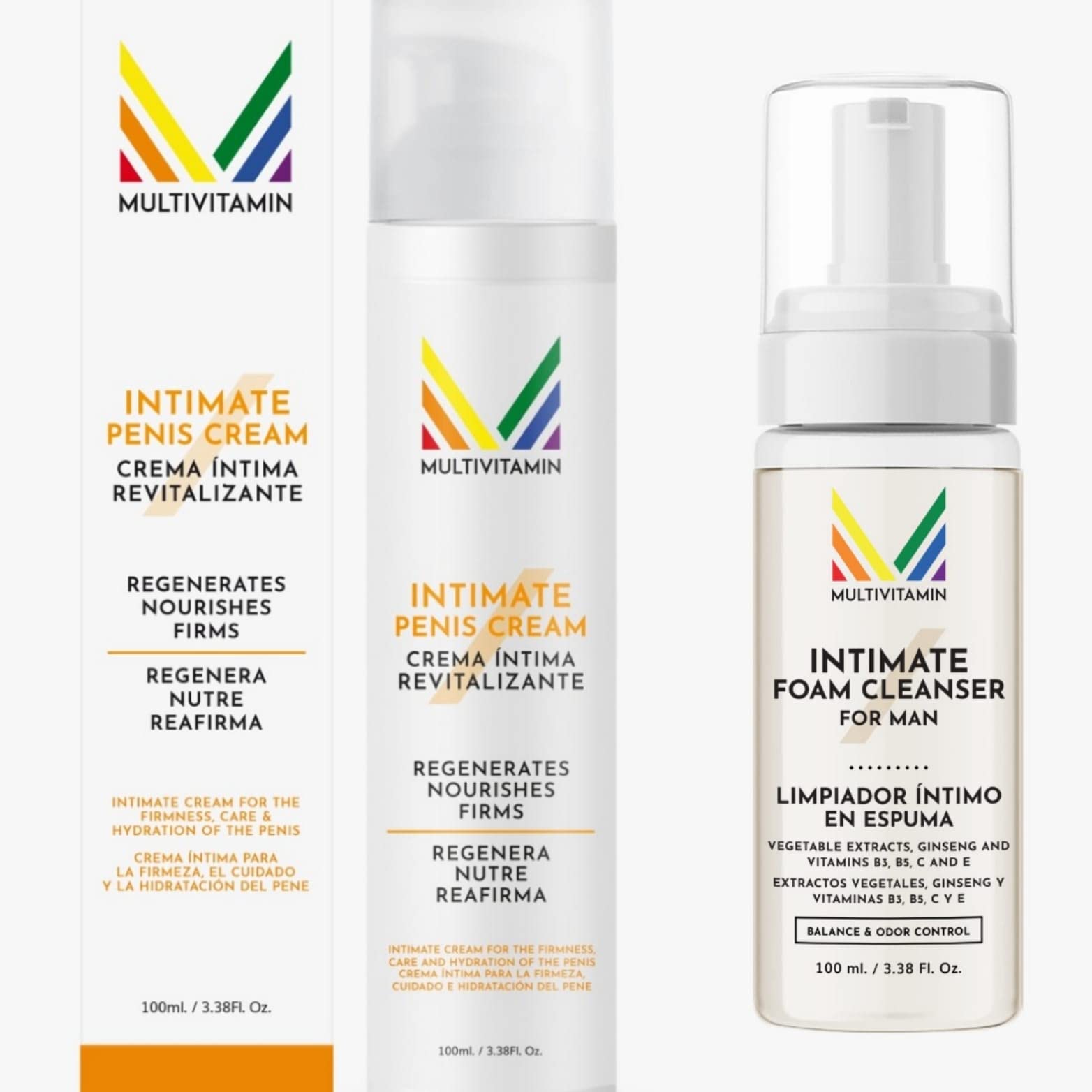 Pack de Crema íntima hombre para reafirmar, nutrir, rejuvenecer, suavizar e hidratar la piel del pene y Limpia genitales masculinos en seco. Formato espuma de 100 ml.