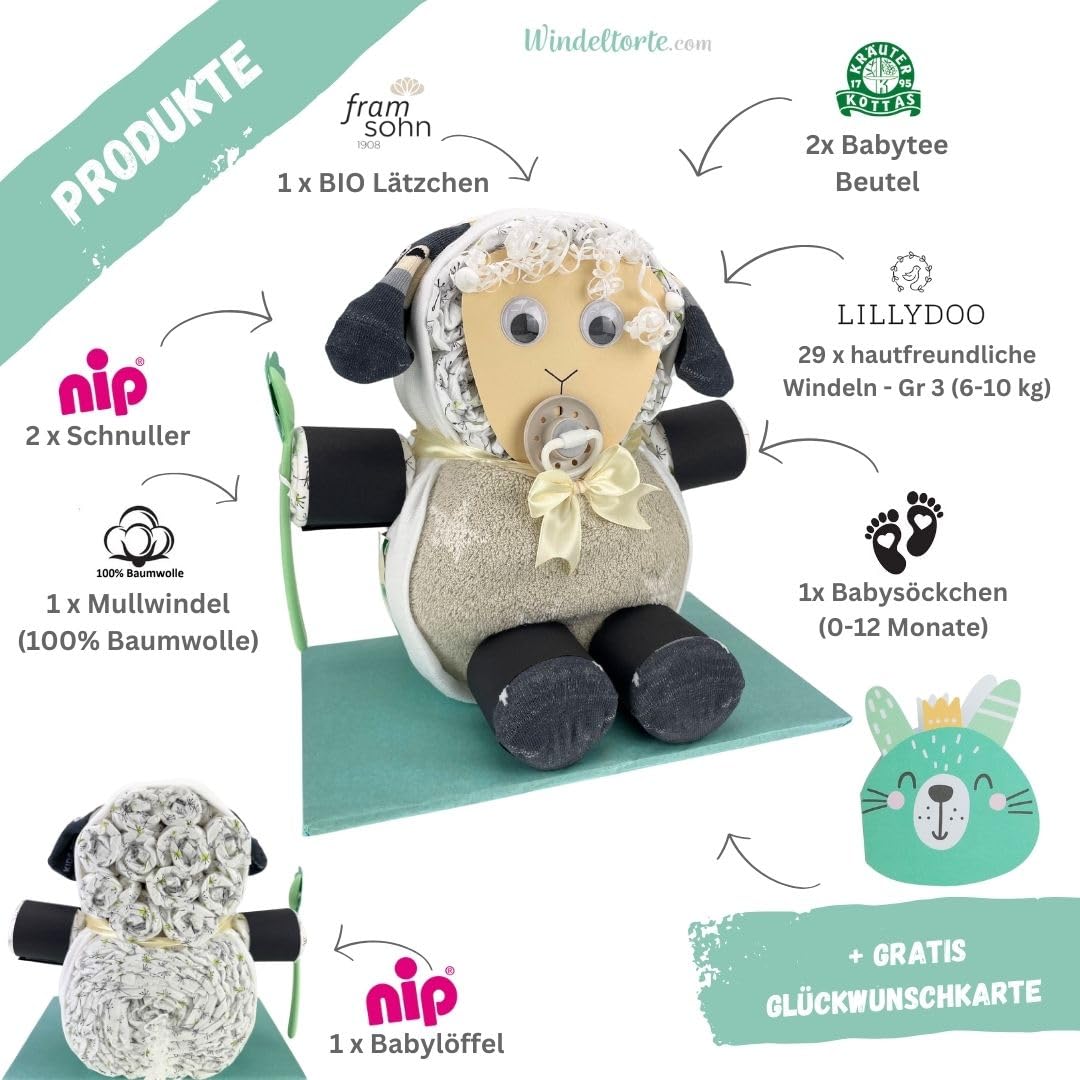 Schaf Neutral Mint - Geburtsgeschenke - Geschenk für das Baby - Taufgeschenk - Pullerparty - Pinkelparty - jetzt Torte kaufen…