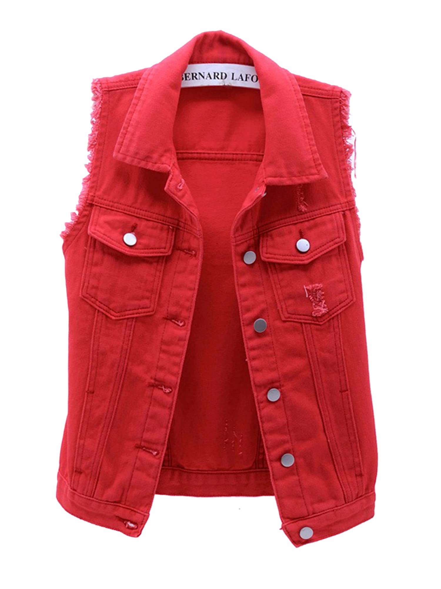 Acrawnni Women's Vintage Button Up Sleeveless Washed Ripped Crop Denim Vest Solid Color Lapel Jean Waistcoat Ripped Cardigan (A-Red, 4XL)