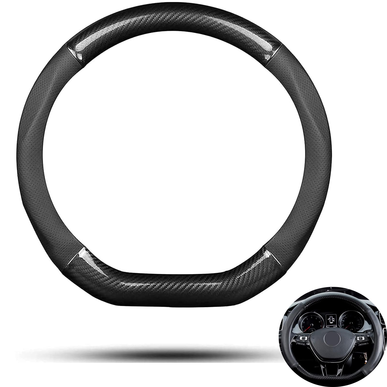 Car Steering Wheel Cover, Diameter 38cm Car Carbon Fiber and Leather D Shape Steering Wheel Cover, Non Slip Breathable Car Steering Wheel Protector, Wear Resistant Steering Wheel Sleeve