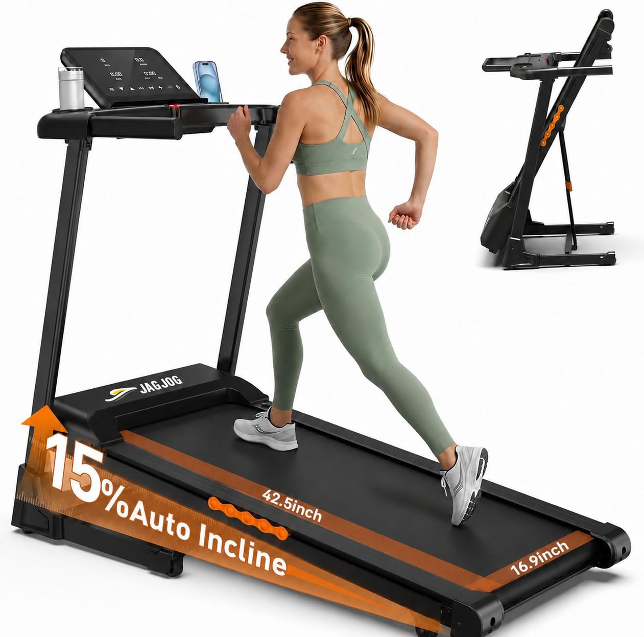 JAGJOG Foldable Treadmill with Auto Incline